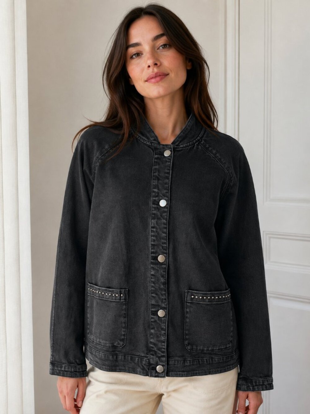 Isaac Mizrahi Live Black True Denim Studded Bomber Jacket XL A610517